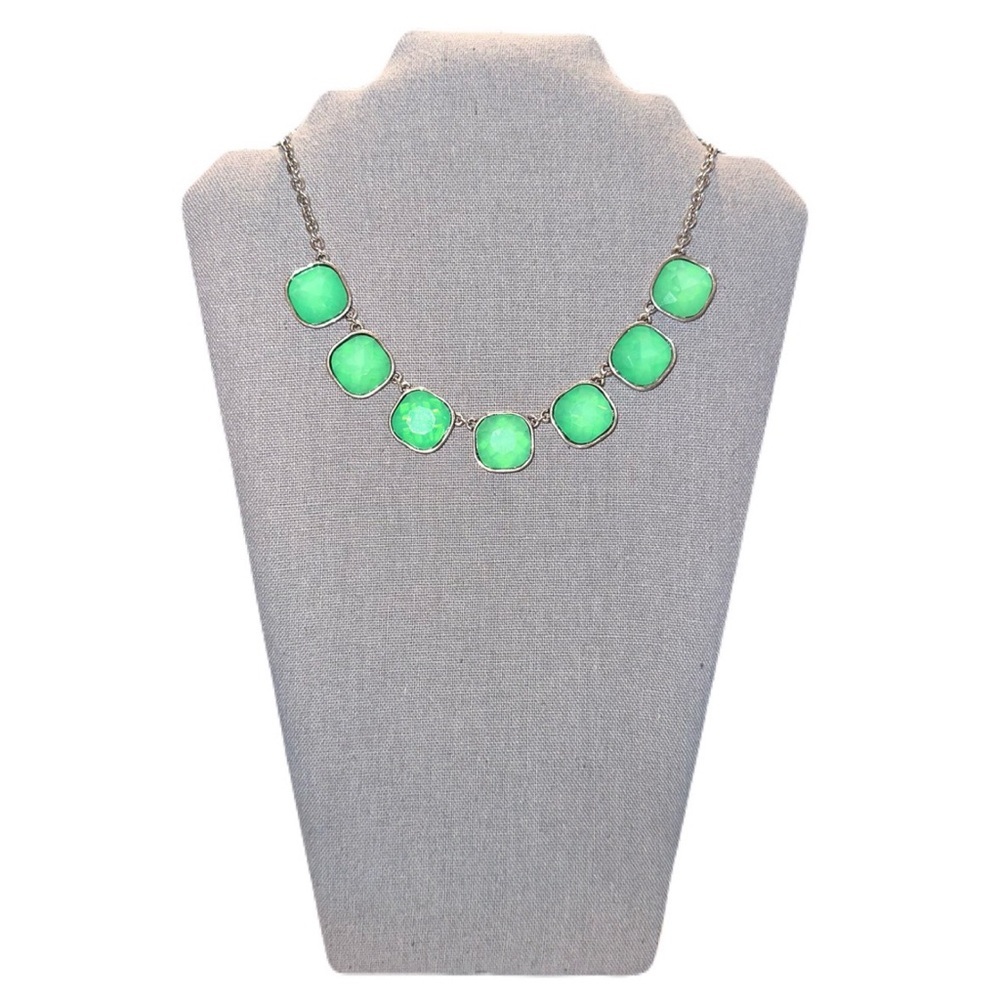 Elegant Bright Green cushion cut Square rhinestone necklace with a silver chain